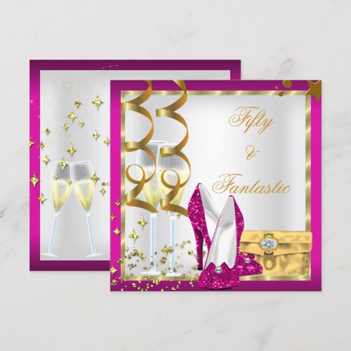 50 &amp; Fantastic Hot Pink White Gold Birthday Party Invitations