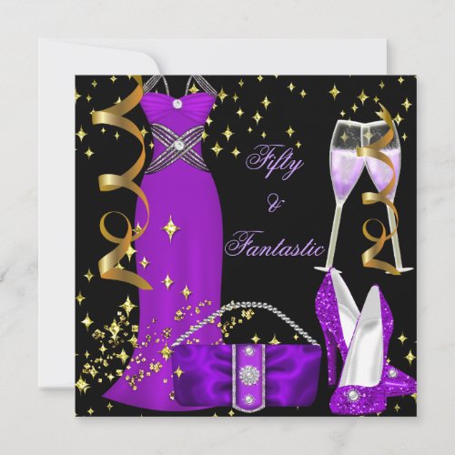 50  Fantastic Purple Dress Black Gold Birthday 2 Invitation