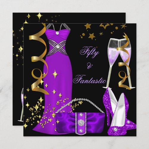 50  Fantastic Purple Dress Black Gold Birthday Invitation