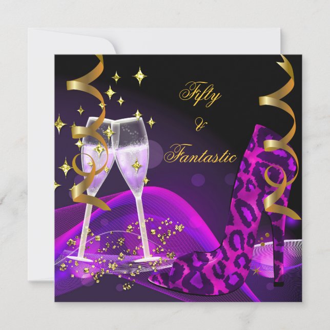 50 & Fantastic Purple Gold Leopard Shoes Invitation (Front)
