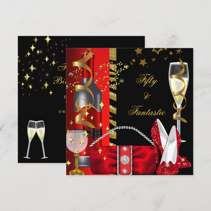 50 & Fantastic Red Black Gold Birthday Party Invitation
