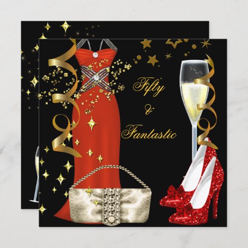 50 Fantastic Red Dress Black Gold Birthday Party Invitation