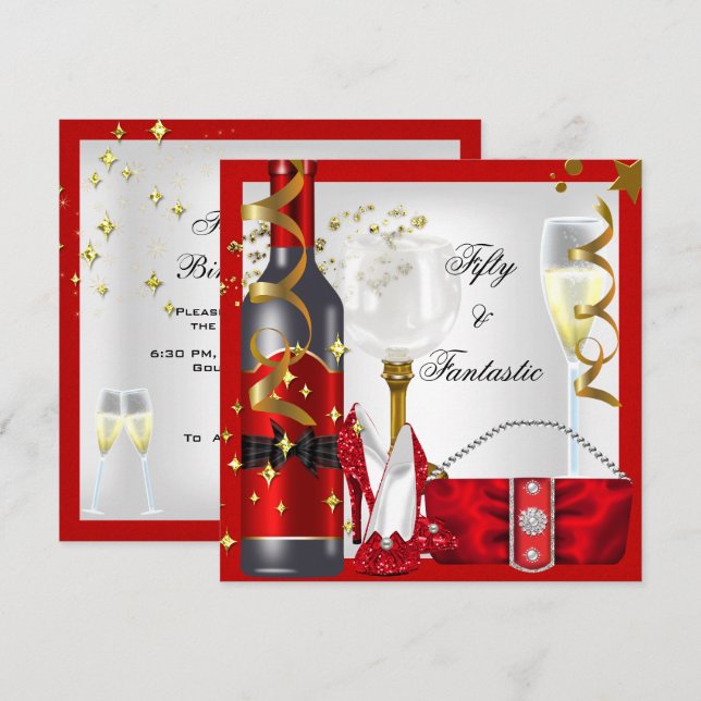 50 & Fantastic Red White Gold Birthday Party Invitation (Front/Back)