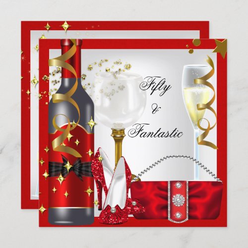 50  Fantastic Red White Gold Birthday Party Invitation