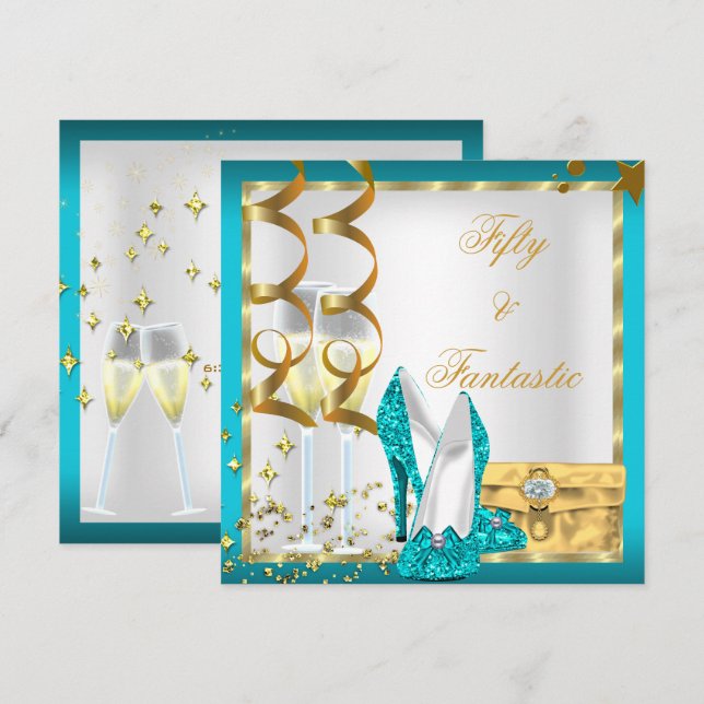 50 & Fantastic Teal White Gold Birthday Party Invitation (Front/Back)