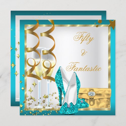 50  Fantastic Teal White Gold Birthday Party Invitation