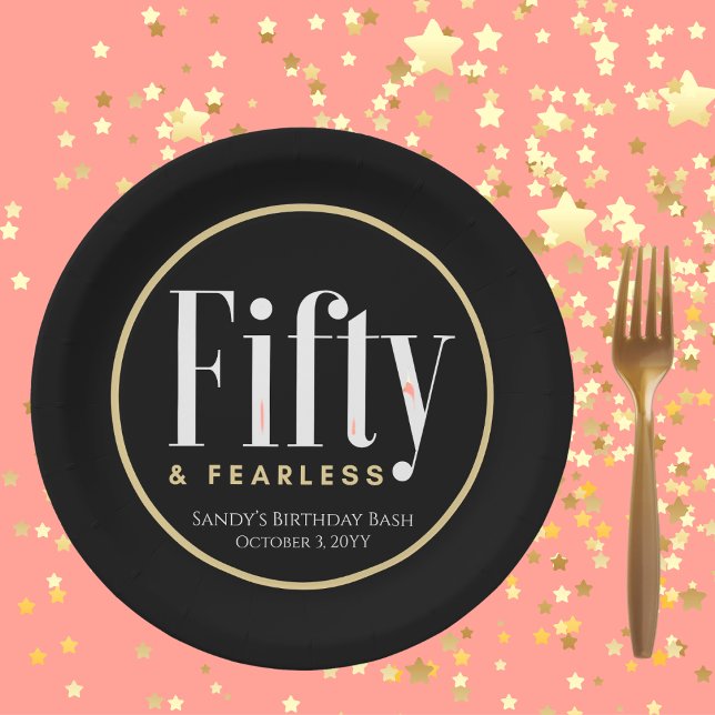 50 & Fearless Birthday Elegant Modern Black Custom Paper Plates (Creator Uploaded)