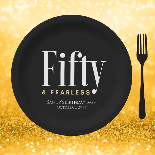 50 & Fearless Birthday Elegant Modern Black Custom Paper Plates (Creator Uploaded)