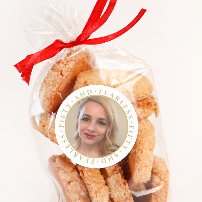 50 & Fearless Elegant Gold Custom Photo Birthday Classic Round Sticker (Creator Uploaded)