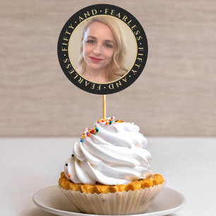 50 & Fearless Elegant Gold Custom Photo Birthday Classic Round Sticker