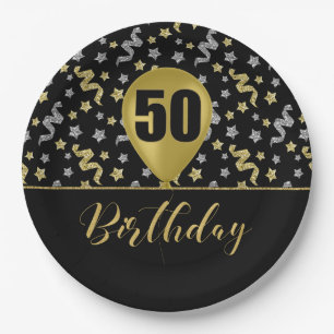 50 Gold Birthday Ballon on Black Gold Confetti Paper Plates