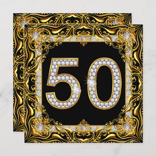 50 Gold Diamond on Black Birthday Party Invitation