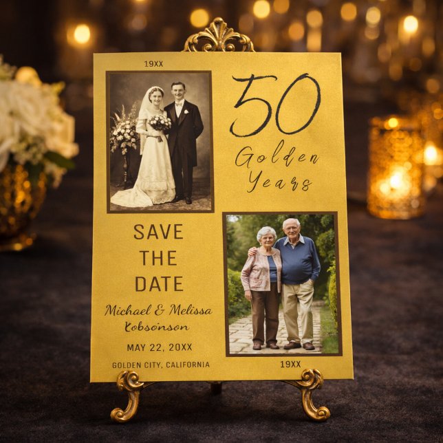 50 Golden Years Save the Date Gold Magnetic Card (Elegant gold 50th anniversary save the date displayed on luxury easel)