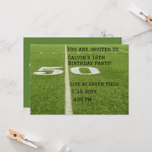 50 Green football field birthday party invitation 
