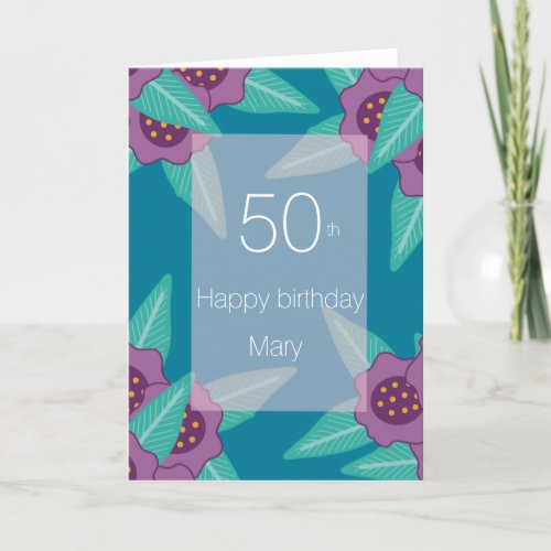 50 happy birthday floral blue turquoise modern holiday card