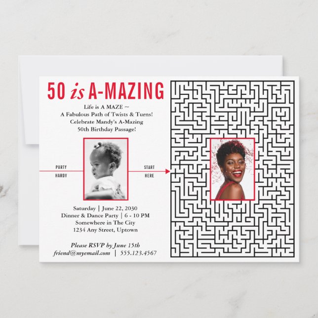 50 is Amazing Fun Modern Maze Design, Custom Photo Invitation (Front)