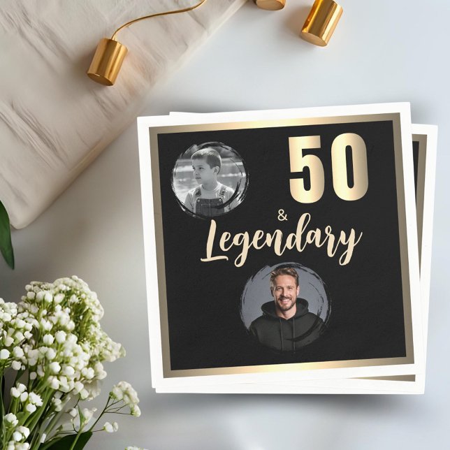 50 & Legendary 2 Photos 50th Birthday Gold Napkins (Creator Uploaded)