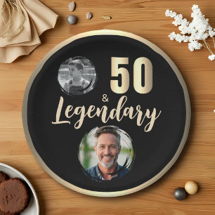 50 & Legendary 2 Photos 50th Birthday Gold Paper Plates