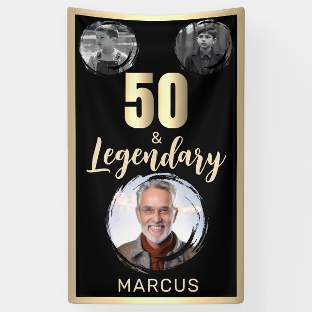 50 & Legendary 3 Photos 50th Birthday Gold Banner (Vertical)