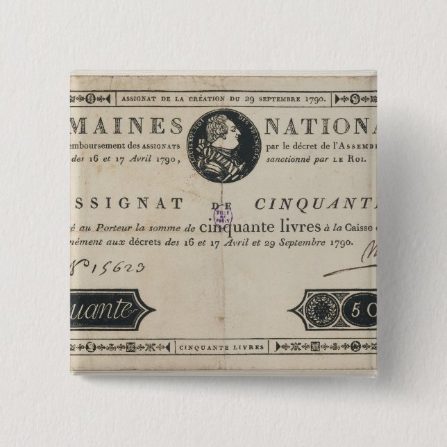 50 livres bank note, 29th October 1790 Pinback Button (Front)