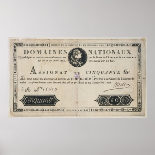 50 livres bank note 29th October 1790 Poster