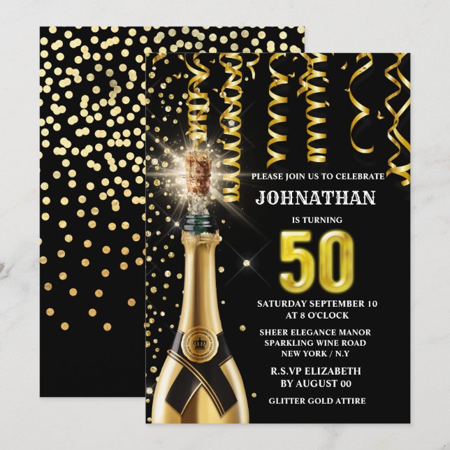 50 milestone sparkling wine gold black glitter  invitation (Front/Back)