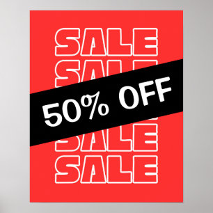 50% Off Sale Sign, Retail Store Signage, Red Sale  Poster