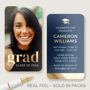 50 Pack Gold Foil Grad Mini Invitations Navy Cards