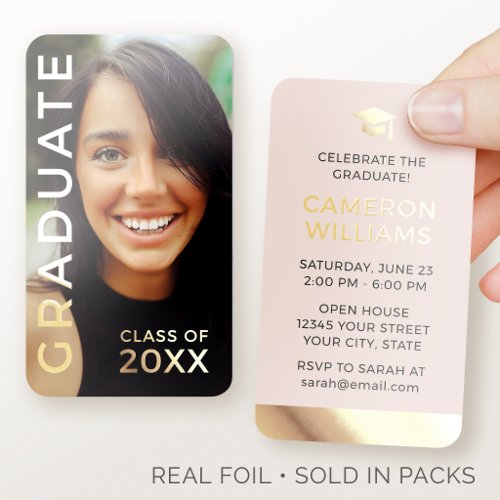 50 Pack Gold Foil Graduation Mini Invitations Pink Business Cards