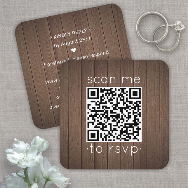 50 Pack QR RSVP Brown Faux Wood Wedding Enclosure Square Business Card (Creator Uploaded)