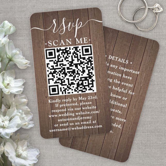 50 Pack QR RSVP Wedding Brown Faux Wood Enclosure Business Card (Creator Uploaded)