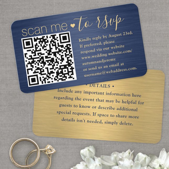 50 Pack Scan Me QR RSVP Blue and Gold Wedding Business Card (Creator Uploaded)