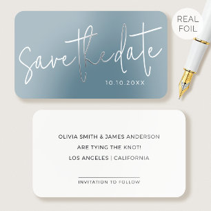 50 Pack Silver Foil Save the Date Script Blue Card