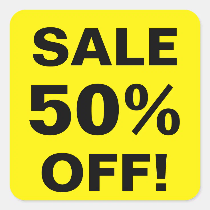 50 Percent Off sale price stickers for retail shop