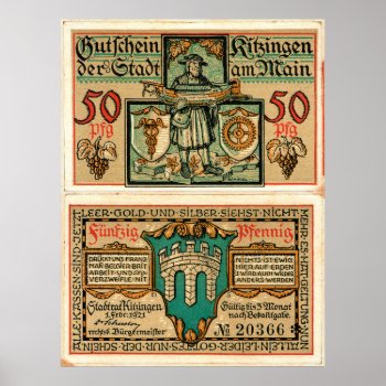 50 Pfennig Notgeld Banknote Of Kitzingen (1921) Poster by allphotos at Zazzle
