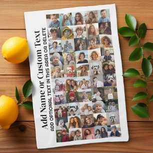 50 Photo Collage - Custom Text - Black and White Kitchen Towel