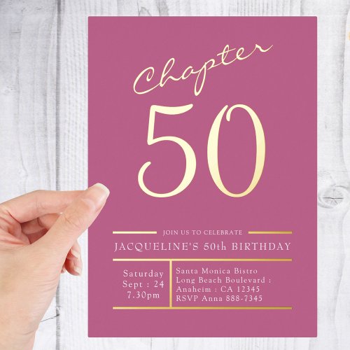 50 Pink 50th Birthday Party Gold Foil Invitation