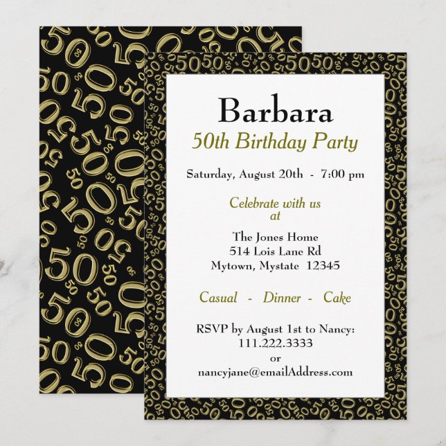 50 Random Number Pattern Black/Gold 50th Invitation (Front/Back)