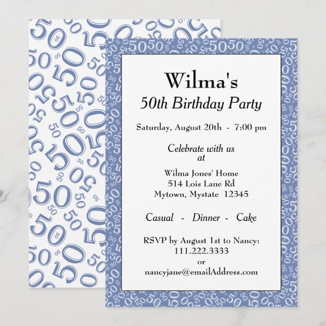 50 Random Number Pattern Blue/White 50th Invitation (Front/Back)