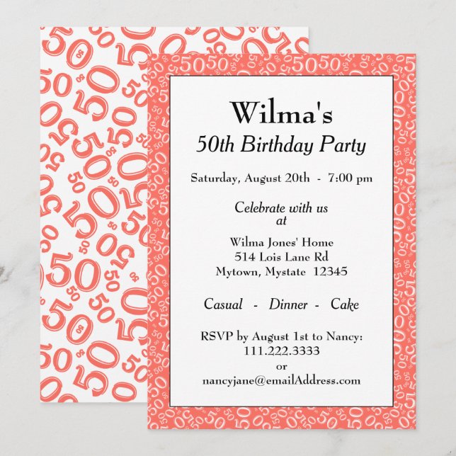 50 Random Number Pattern Coral/White 50th Invitation (Front/Back)