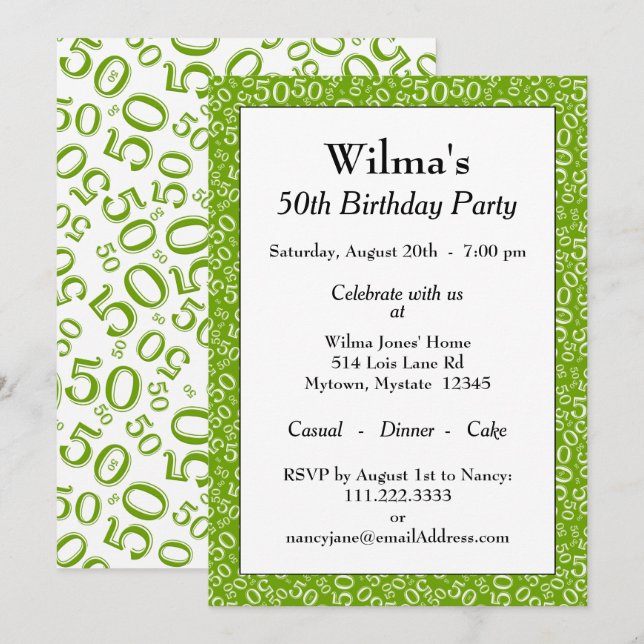 50 Random Number Pattern Green/White 50th Invitation (Front/Back)
