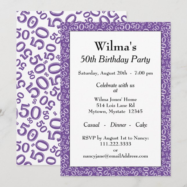 50 Random Number Pattern Purple/White 50th Invitation (Front/Back)