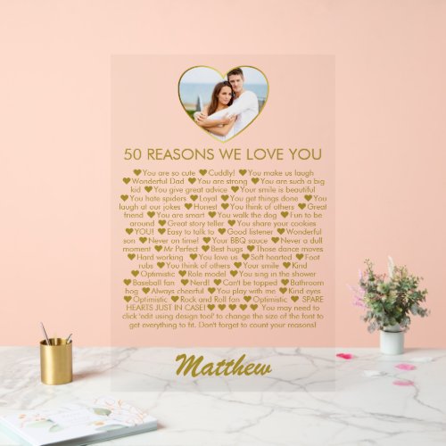 50 Reasons We Love You 50th Birthday Photo Heart Acrylic Sign