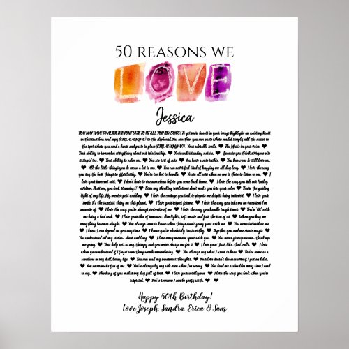 50 reasons we love you birthday gift mom sister po poster