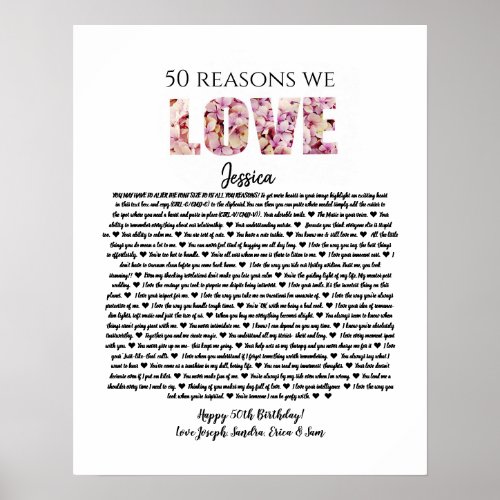 50 reasons we love you birthday gift mom sister poster