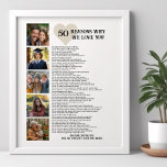 50 Reasons Why We Love You 50th Birthday Photo Poster<br><div class="desc">Sentimental photo collage poster for 50th birthday or father's day, for example. Create a unique gift, personalized with 50 heartfelt reashons why your loved one is so special along with 5 of your favorite photos. This personalized keepsake captures the essence of your bond and is perfect to display at a...</div>