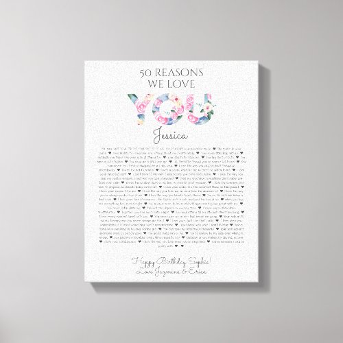 50 reasons why we love you pink blue floral canvas print