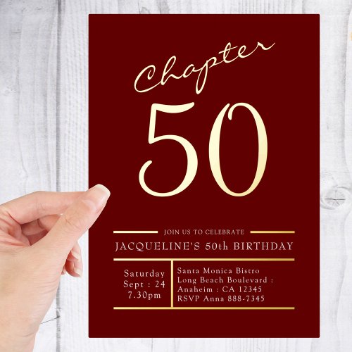 50 Red 50th Birthday Party Gold Foil Invitation