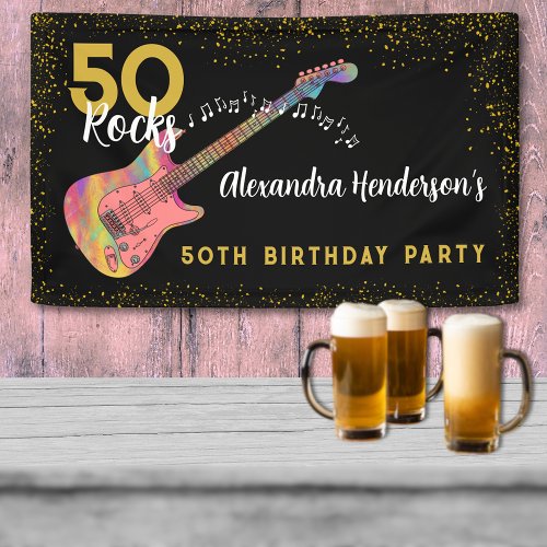 50 Rocks 50th Birthday Party Pink Black Gold Banner