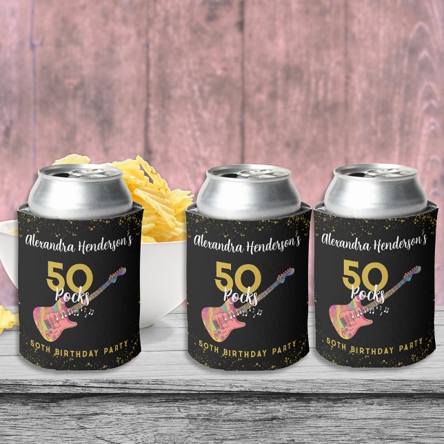 50 Rocks 50th Birthday Party Pink Black Gold Can Cooler (50 Rocks 50th birthday party pink black and gold glitter cool funky guitar personalized can coolers )